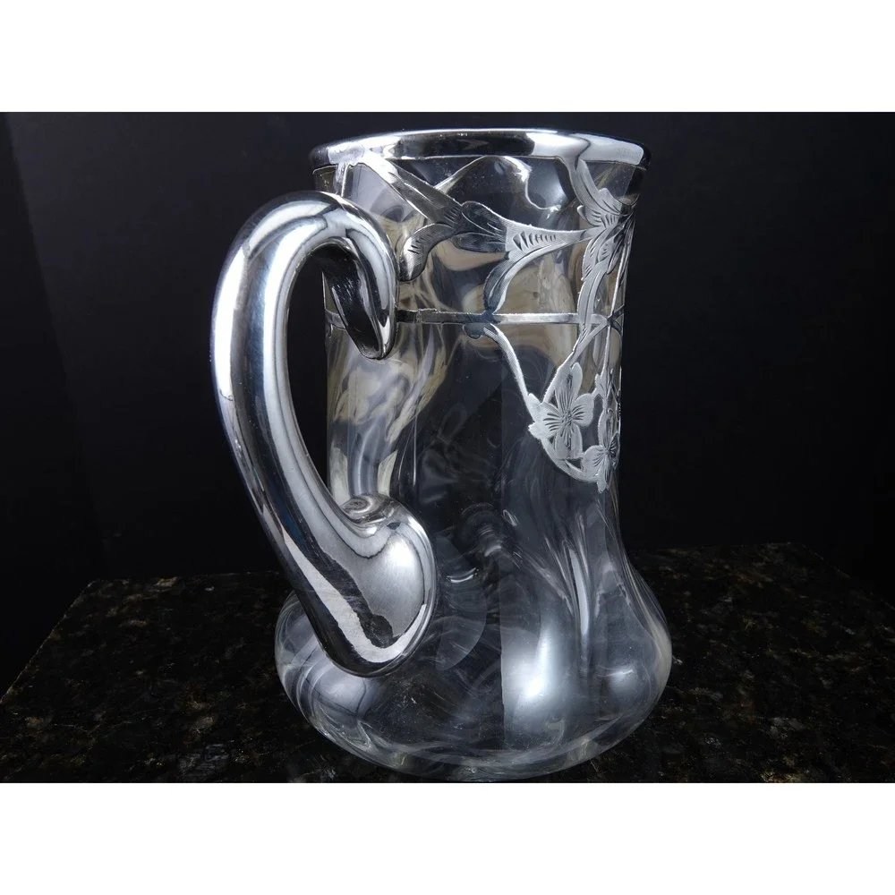 c1900 Art Nouveau Sterling Silver Overlay Art glass Juice Pitcher